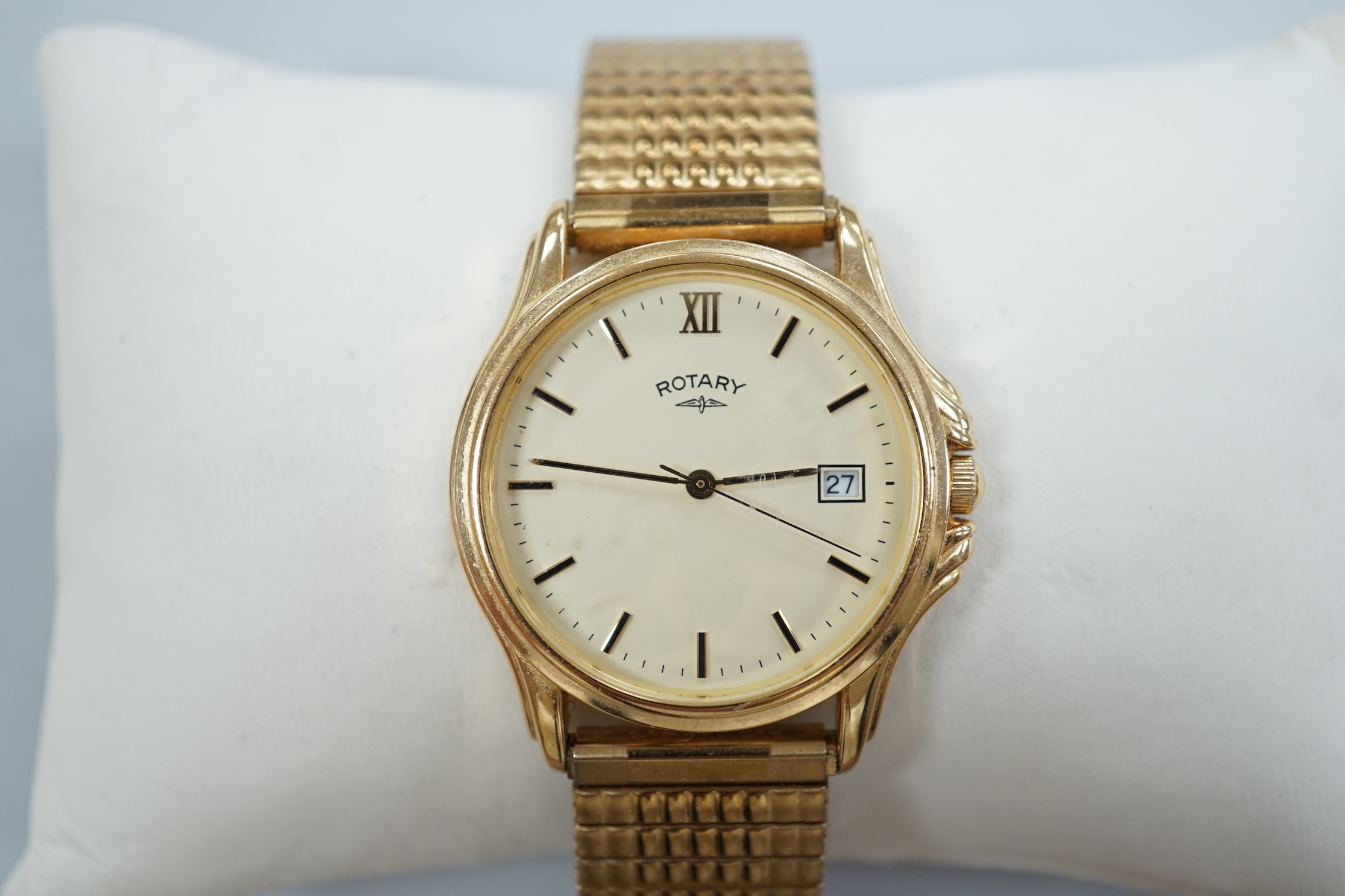 A gentleman's modern steel and gold plated Rotary quartz wrist watch, with date aperture, on associated flexible bracelet, with Rotary box.